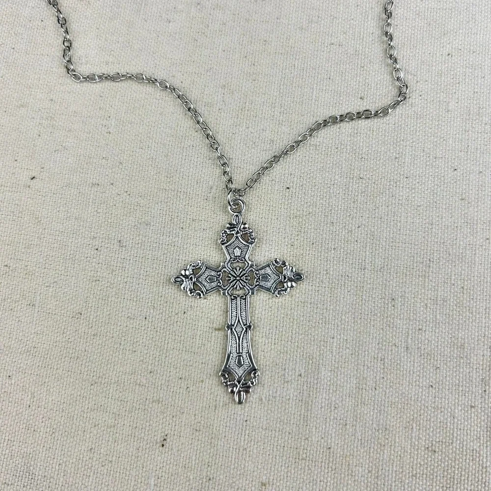 Vintage Y2K silver renaissance cross opium cyber punk style necklace emo goth